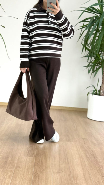 Kahverengi Çizgili Triko Takım - Polo Yaka Kazak Set