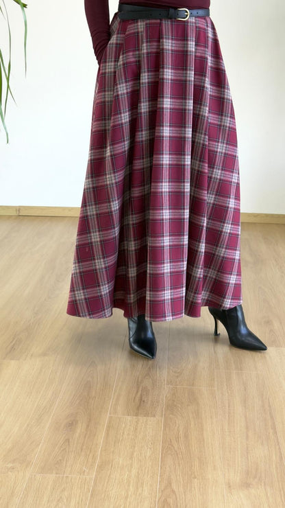 Bordo Ekose Etek - Yüksek Bel Pileli Maxi Boy Etek