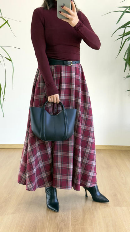 Bordo Ekose Etek - Yüksek Bel Pileli Maxi Boy Etek