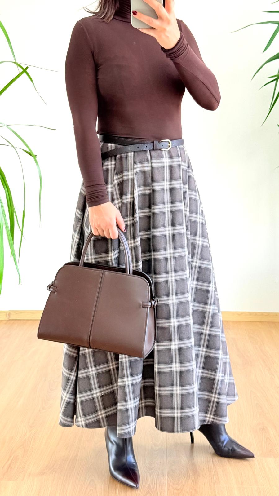 Kahverengi Ekose Etek - Yüksek Bel Pileli Maxi Boy Etek