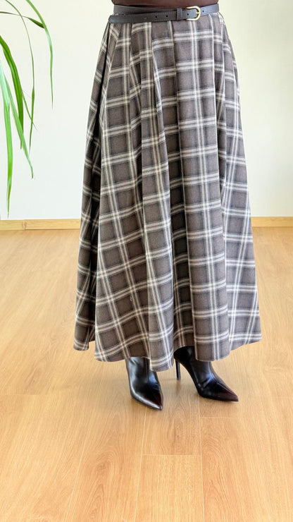 Kahverengi Ekose Etek - Yüksek Bel Pileli Maxi Boy Etek