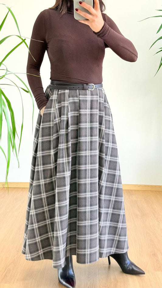 Kahverengi Ekose Etek - Yüksek Bel Pileli Maxi Boy Etek