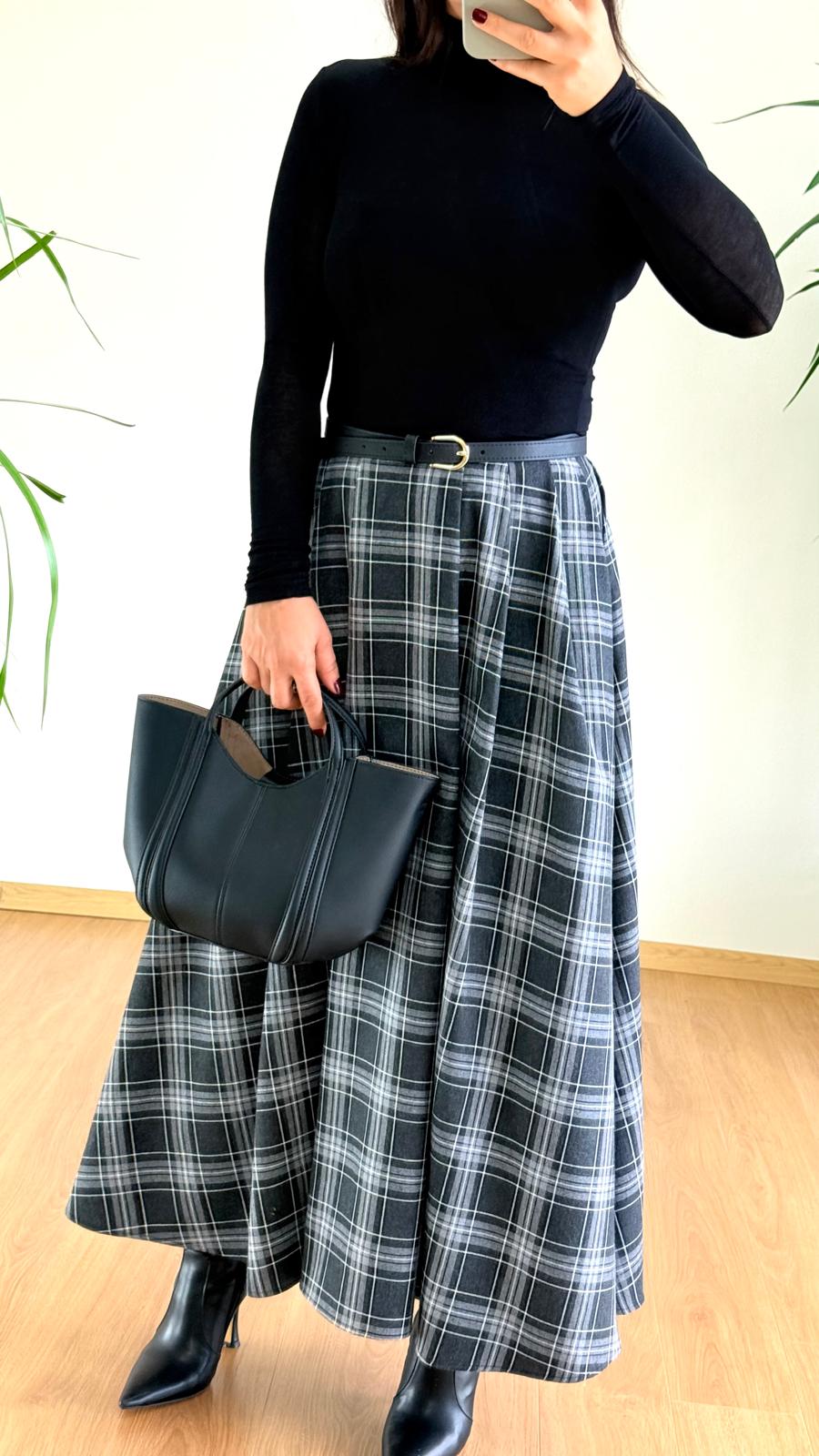 Gri Siyah Ekose Etek - Yüksek Bel Pileli Maxi Boy Etek