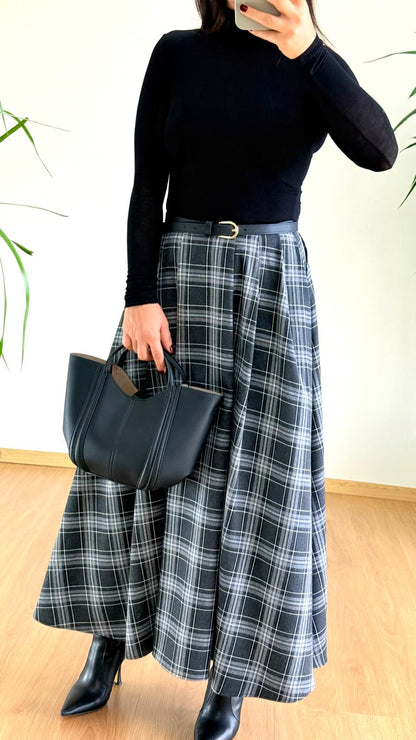 Gri Siyah Ekose Etek - Yüksek Bel Pileli Maxi Boy Etek