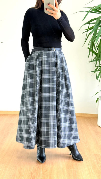 Gri Siyah Ekose Etek - Yüksek Bel Pileli Maxi Boy Etek