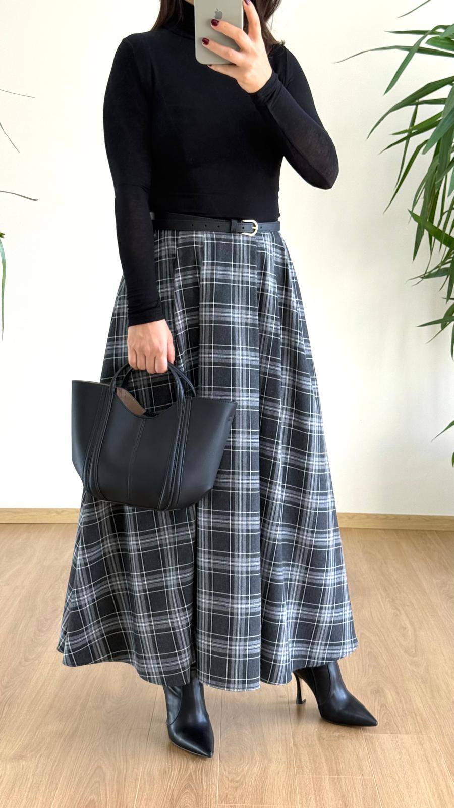 Gri Siyah Ekose Etek - Yüksek Bel Pileli Maxi Boy Etek