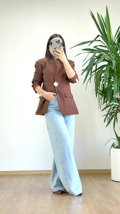 Kahverengi Dik Yaka Ceket - Kadın Blazer