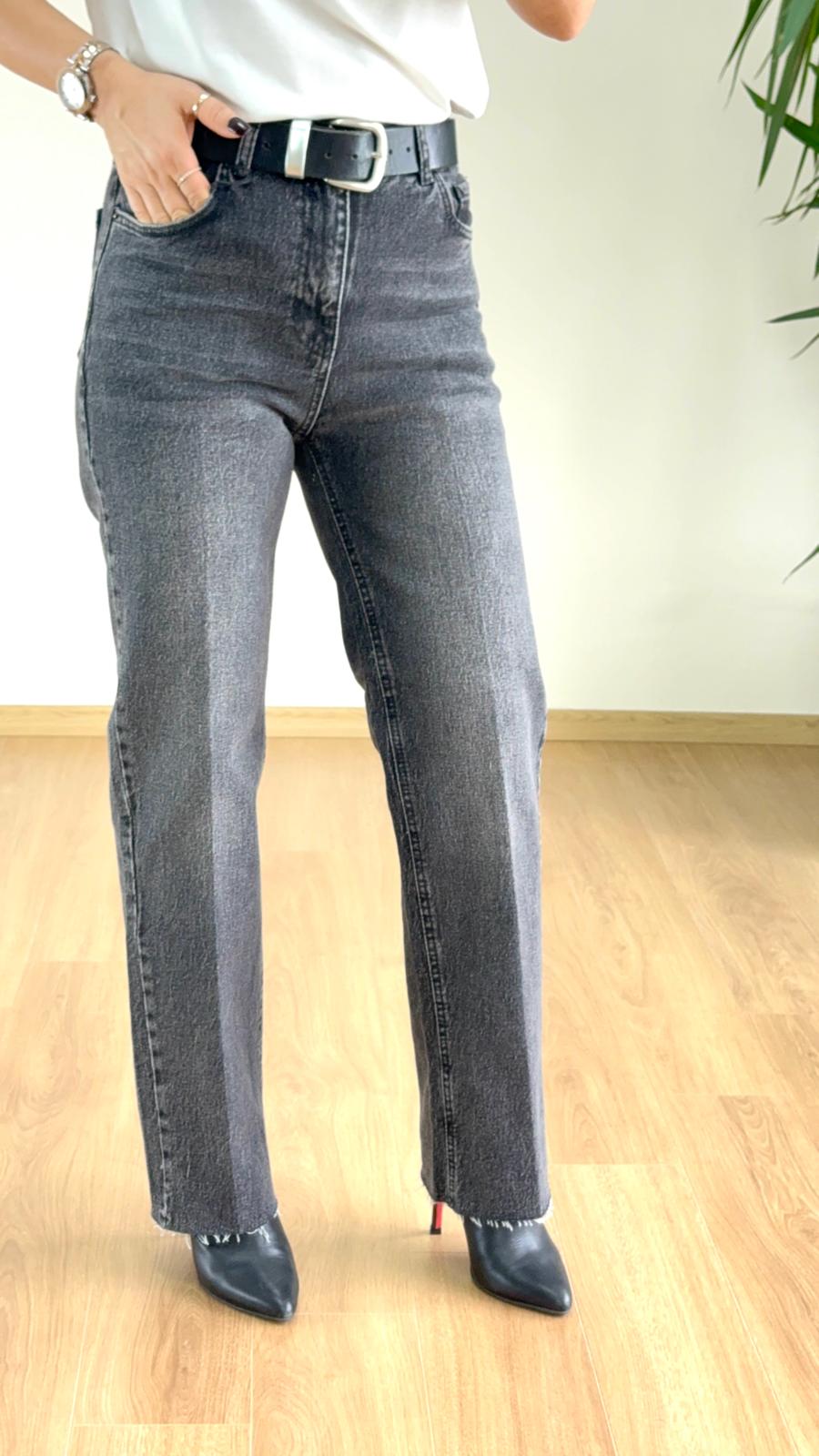 Yüksek Bel Siyah Taşlanmış Straight Pantolon - Wide Leg