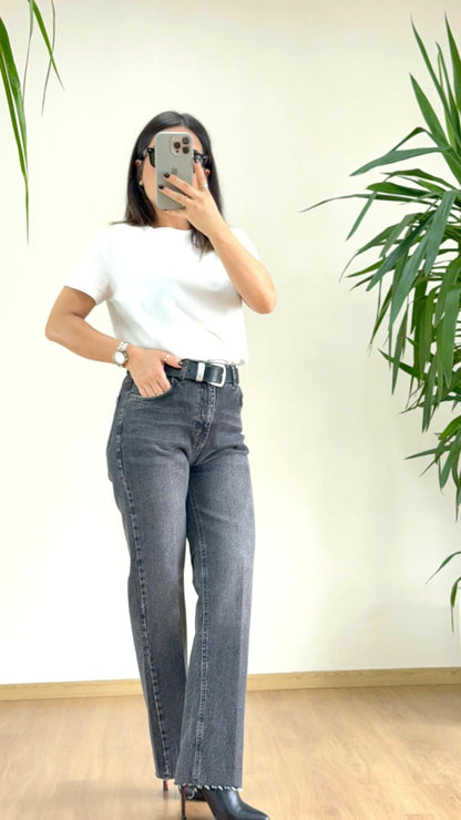 Yüksek Bel Siyah Taşlanmış Straight Pantolon - Wide Leg