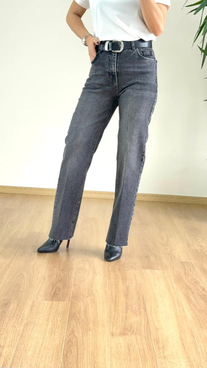 Yüksek Bel Siyah Taşlanmış Straight Pantolon - Wide Leg