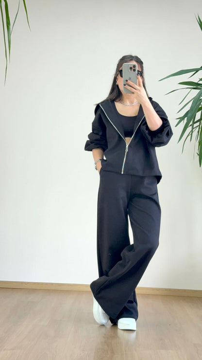 Siyah 3’lü Eşofman Takımı ile Şehirli ve Güçlü Stil