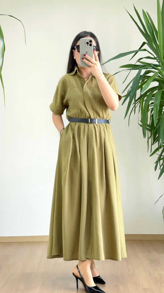Zamansız Elegans: Zeytin Yeşili Kemer Detaylı Gömlek Elbise