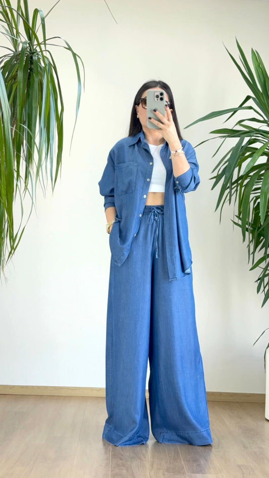 Cool & Zahmetsiz Şıklık: Oversize Denim Gömlek ve Palazzo Pantolon Takım