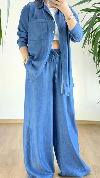 Cool & Zahmetsiz Şıklık: Oversize Denim Gömlek ve Palazzo Pantolon Takım