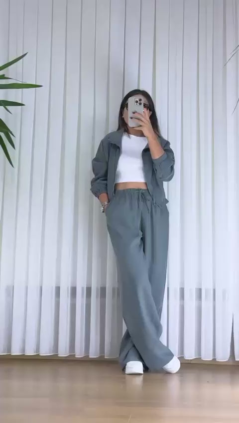 Füme Yeşil Bomber Takım - Fermuarlı Eşofman İkili Set