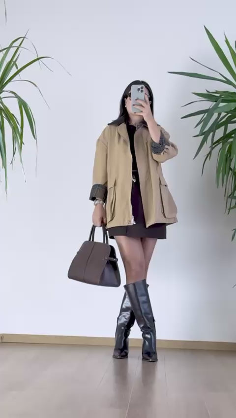 Camel Su Geçirmez Mont - Ekose Astarlı Bayan Yağmurluk