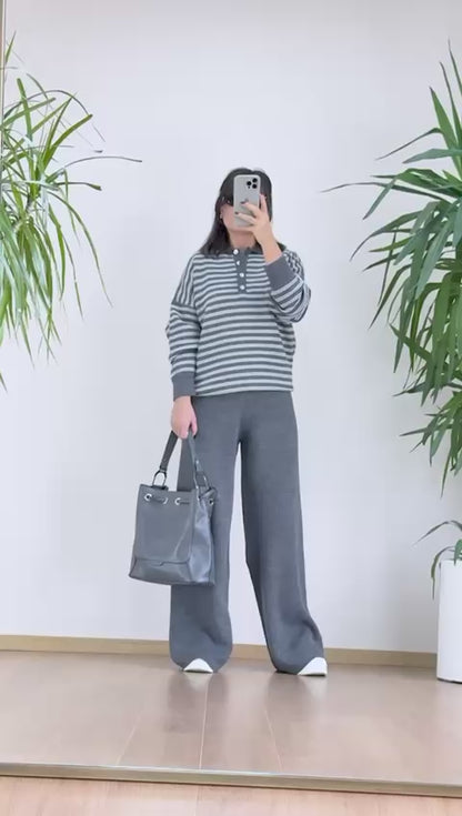 Gri Çizgili Triko Takım - Polo Yaka Kazak Pantolon Set