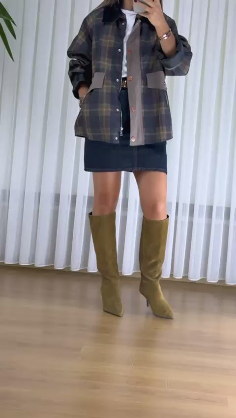 Ekoseli Bayan Mont - Kadife Yaka Oversize Ceket