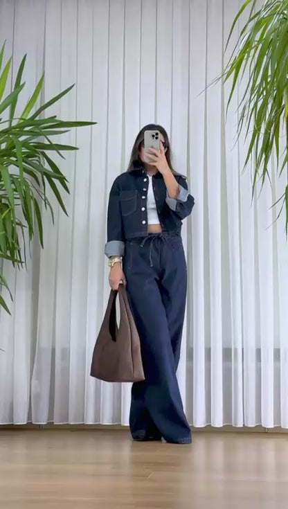Denim Şıklık: Palazzo Pantolon ve Crop Gömlek Takım | Rahat ve Trend