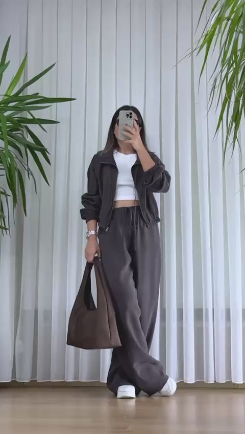 Kahverengi Bomber Takım - Fermuarlı Eşofman İkili Set