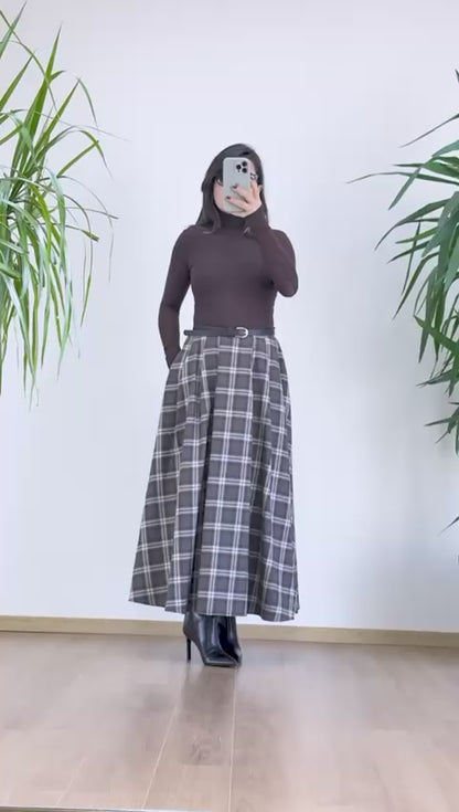 Kahverengi Ekose Etek - Yüksek Bel Pileli Maxi Boy Etek