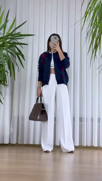 Beyaz Palazzo Pantolon - Yüksek Bel Geniş Paça Kumaş