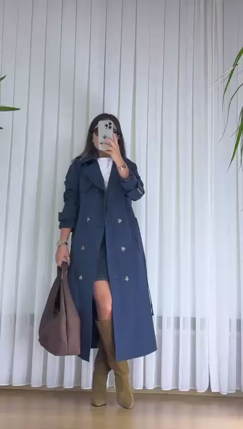 Lacivert Trençkot - Klasik Astarlı Bayan Yağmurluk