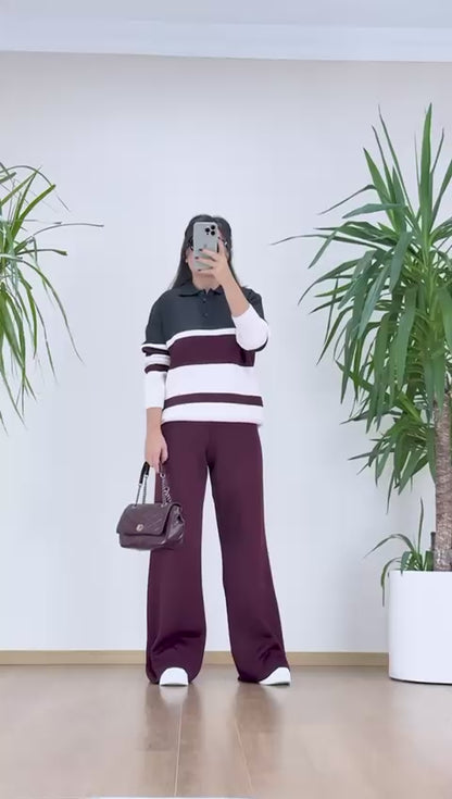Bordo Çizgili Triko Takım - Polo Yaka Kazak Pantolon Set