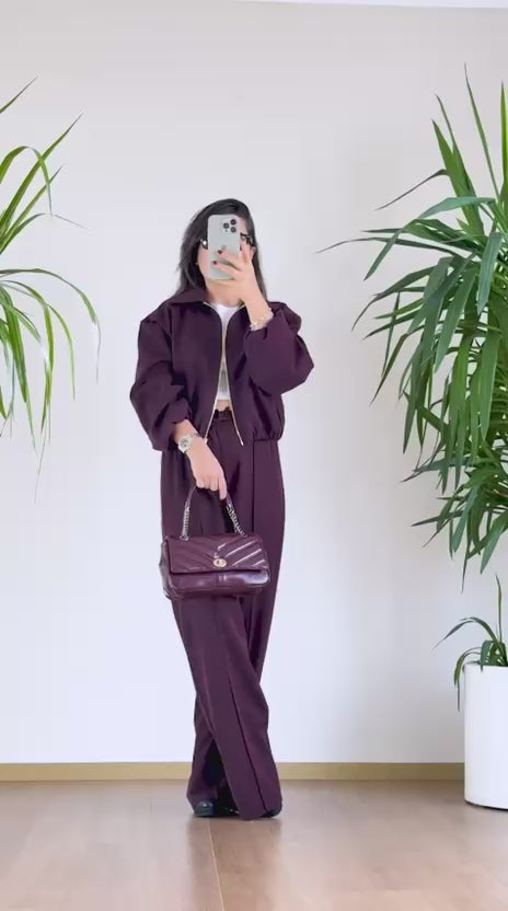 Mürdüm Bomber Takım - Fermuarlı Ceket Pantolon İkili Set