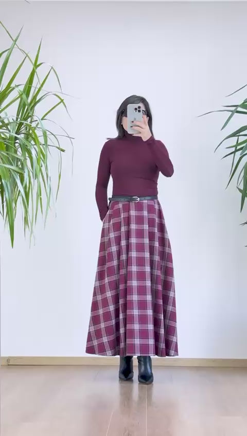 Bordo Ekose Etek - Yüksek Bel Pileli Maxi Boy Etek