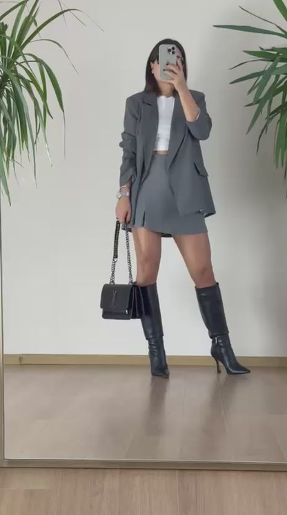 Gri Pareo Etek - Bağlamalı Midi Boy Bayan Etek