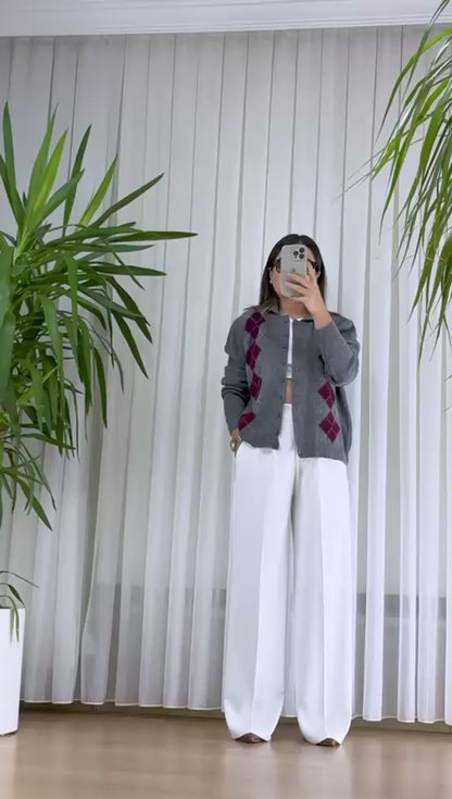 Gri Baklava Desenli Hırka - Triko Bayan Yelek