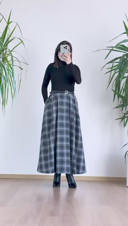 Gri Siyah Ekose Etek - Yüksek Bel Pileli Maxi Boy Etek