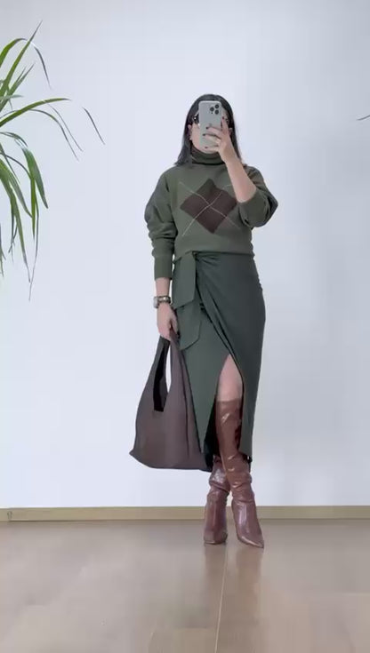 Yeşil Pareo Etek - Bağlamalı Midi Boy Bayan Etek