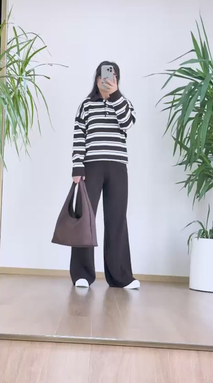 Kahverengi Çizgili Triko Takım - Polo Yaka Kazak Set