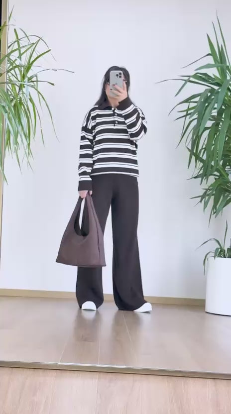 Kahverengi Çizgili Triko Takım - Polo Yaka Kazak Set