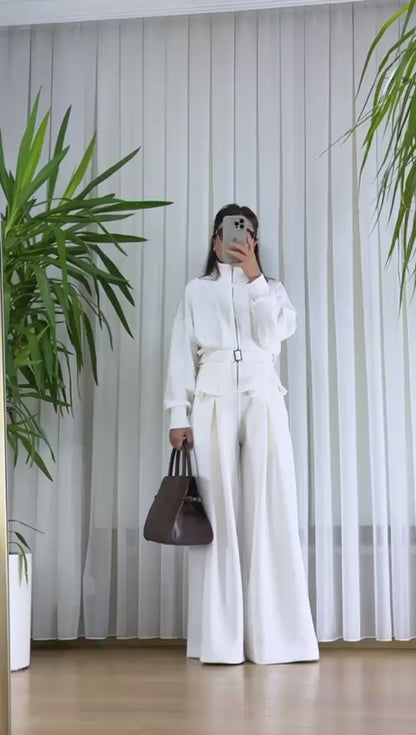 Beyaz Modal Takım - Premium Fermuarlı Eşofman Set