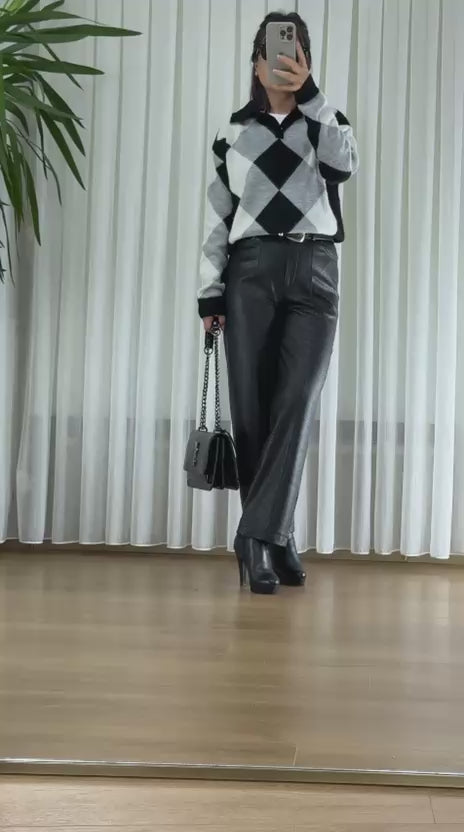 Ekose Polo Yaka Triko Kazak - Siyah Beyaz Gri Geçişli