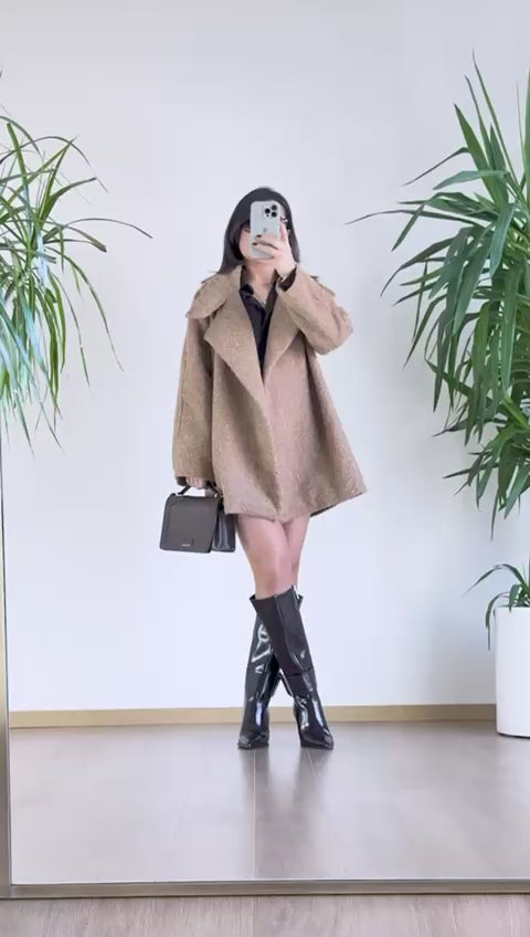 Deve Tüyü Kaşe Kaban - Düğmeli Oversize Bayan Mont