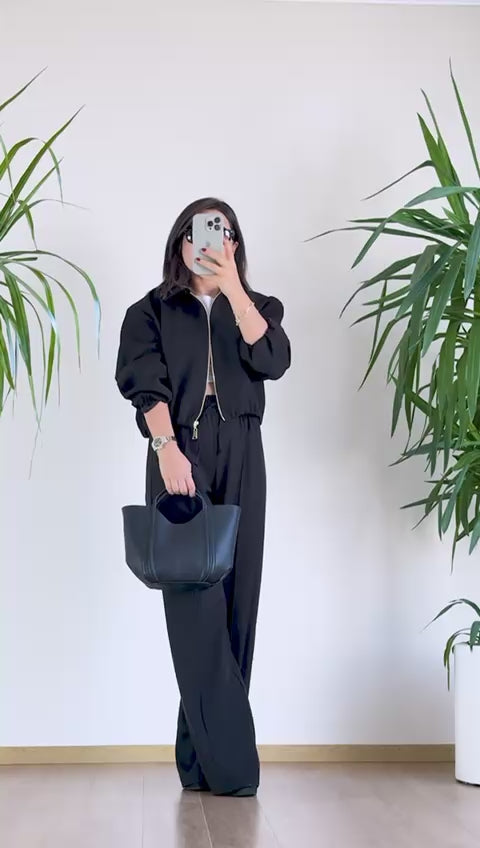 Siyah Bomber Takım - Fermuarlı Ceket Pantolon İkili Set